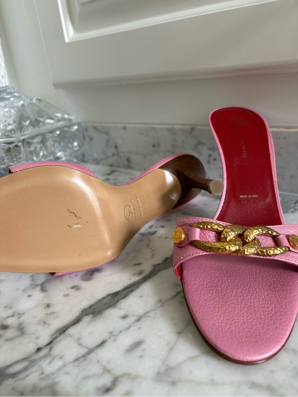 Pink Chain-Accent Leather Mule Heels - Picture 3 of 3